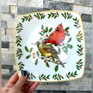 Red Cardinal Holly Berry Christmas Salad  Desert Plates Square Set of 2